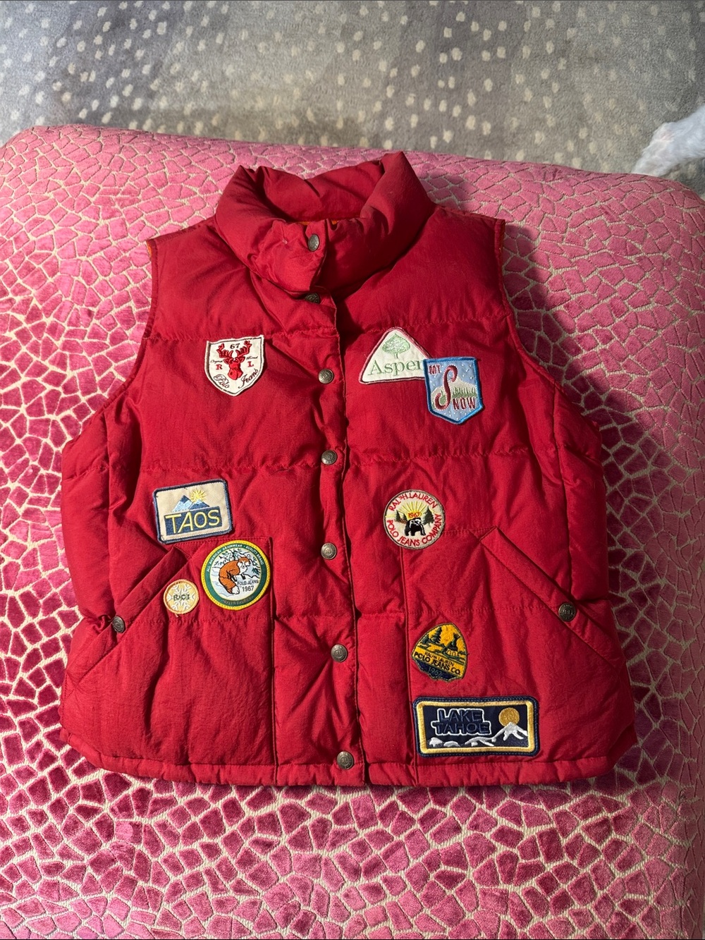 Vintage Ralph Lauren Red Patchwork Puffer Vest with Travel Badges small